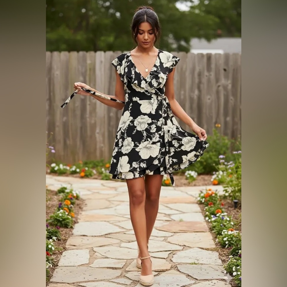 Free People Dress Black Floral French Quarter Faux Wrap Mini Ruffle